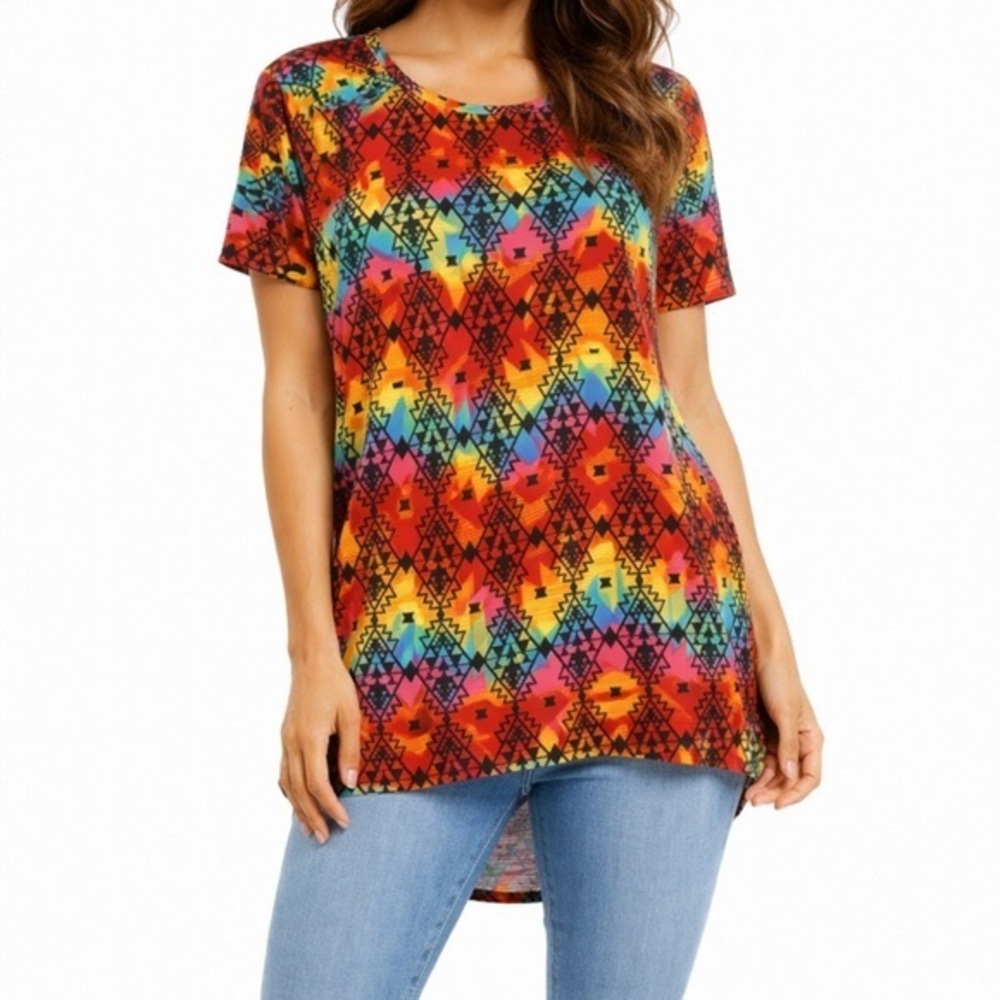 LuLaRoe Irma Tunic Top Womens XS Geometric Tribal Print High Low Multi Color